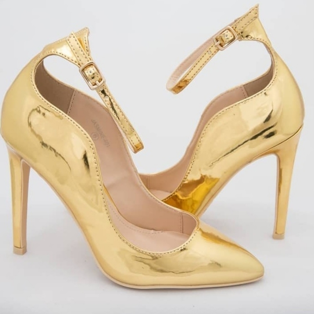 GOLD, ankle strap heels